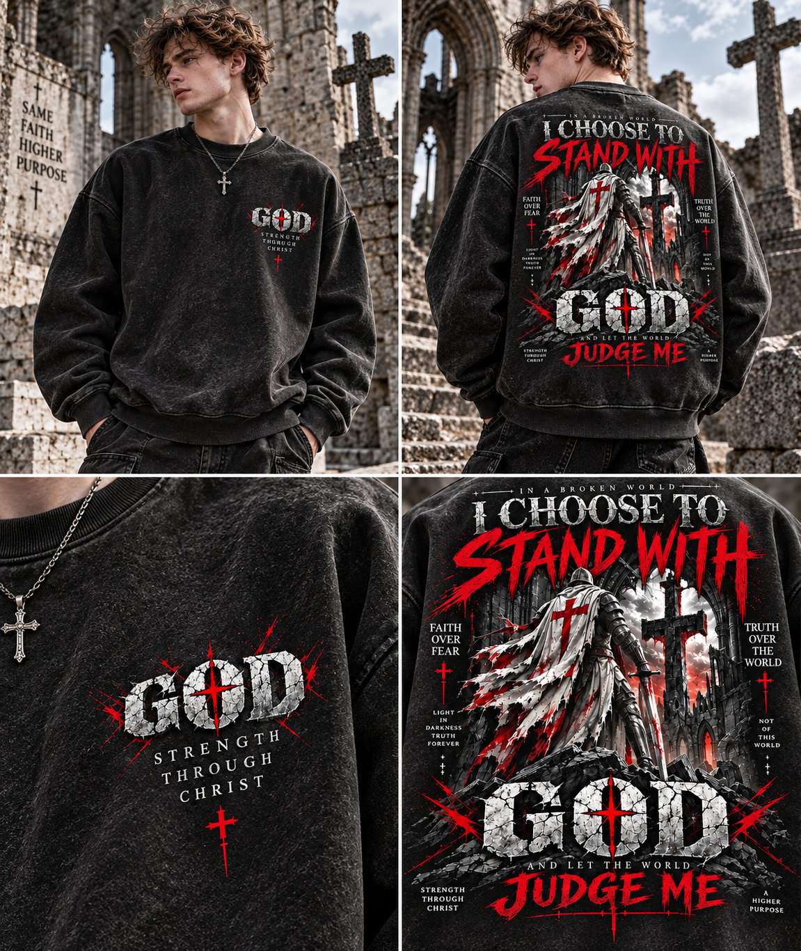 GOD Stand With Faith – Vintage Gothic Wash Sweatshirt