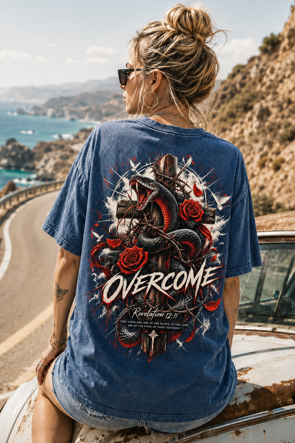 OVERCOME Snake Cross Graphic Tee – Vintage Washed T-Shirt