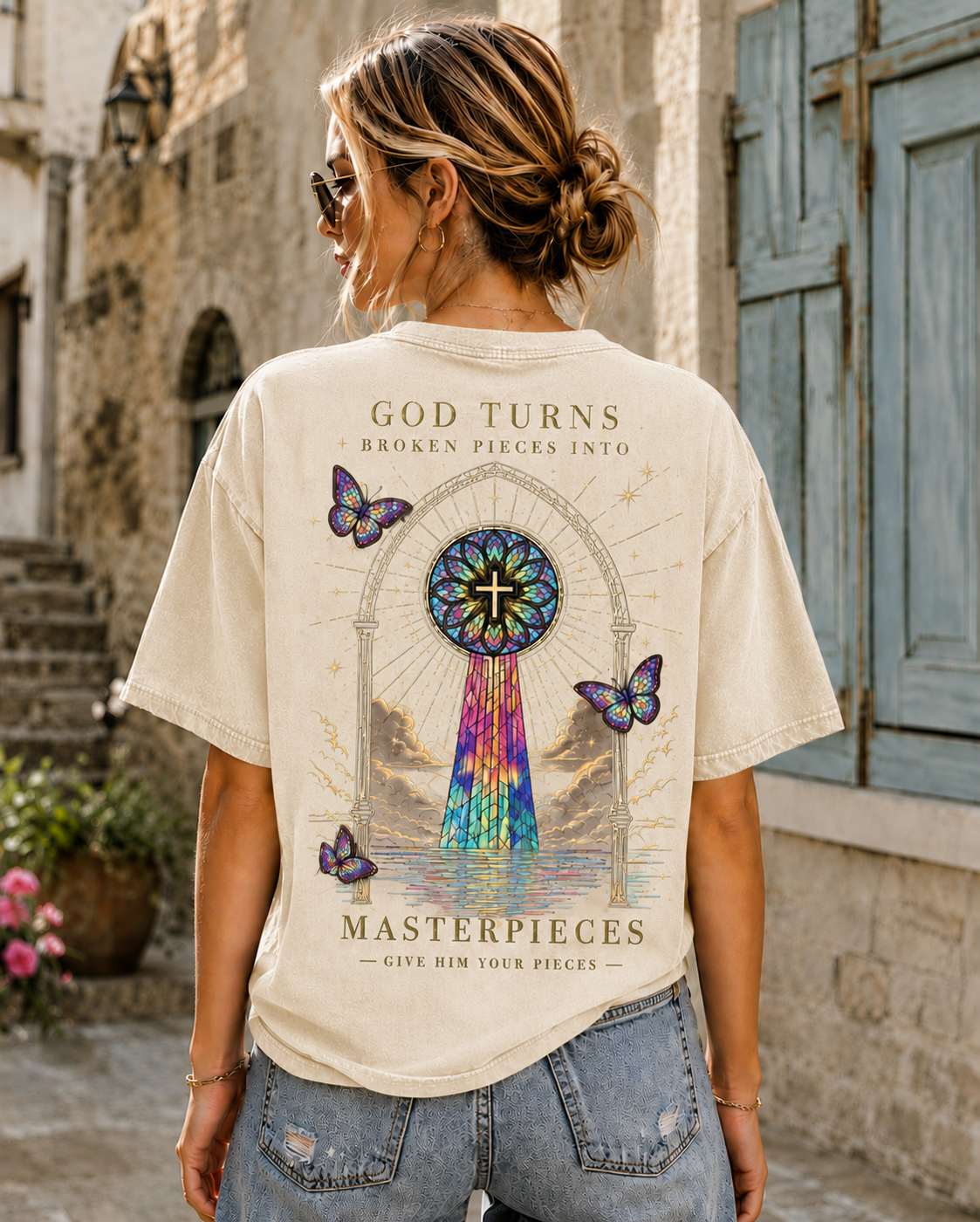 GOD TURNS Broken Pieces – Stained Glass Cross T-Shirt