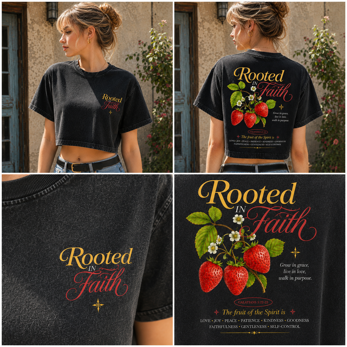 Rooted in Faith Strawberry Crop Top – Vintage Christian Tee