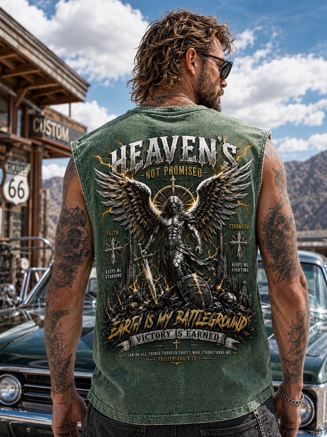 Heaven’s Not Promised – Vintage Washed Black Graphic Muscle Tee