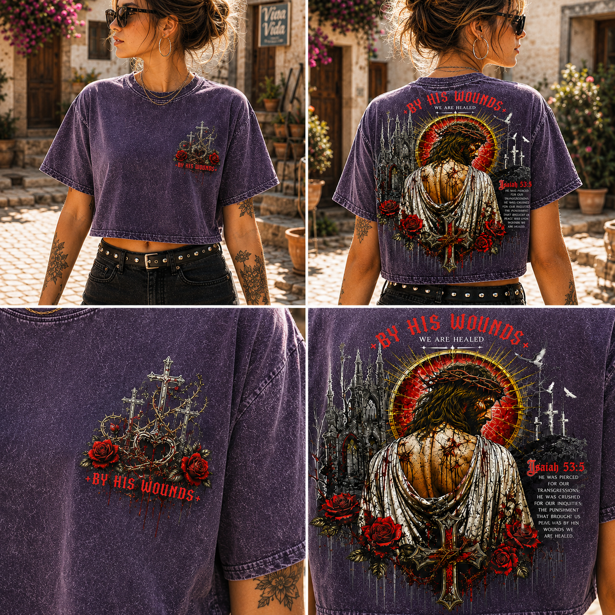 By His Wounds Gothic Cross Crop Tee – Vintage Christian Style