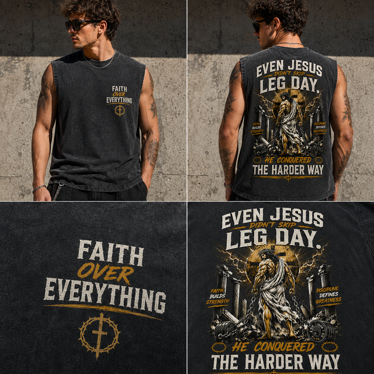 Even Jesus Leg Day – Faith Over Everything Muscle Tee