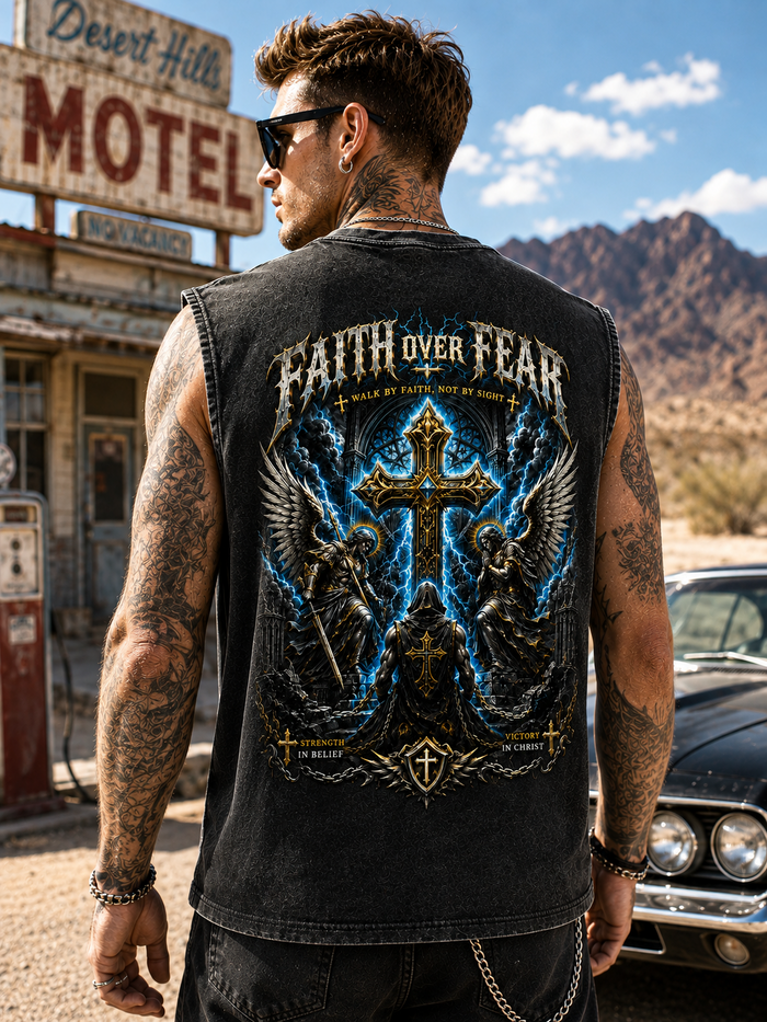 Faith Over Fear – Vintage Washed Blue Biker Tank