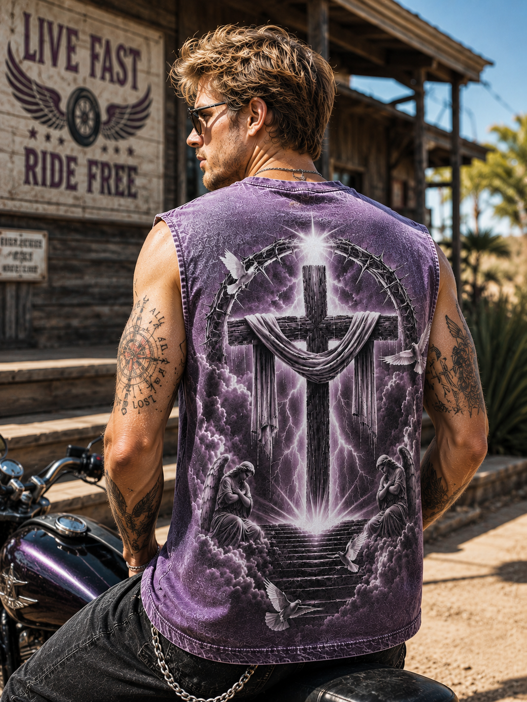 Washed Black Angel Cross – Vintage Faith Muscle Tee