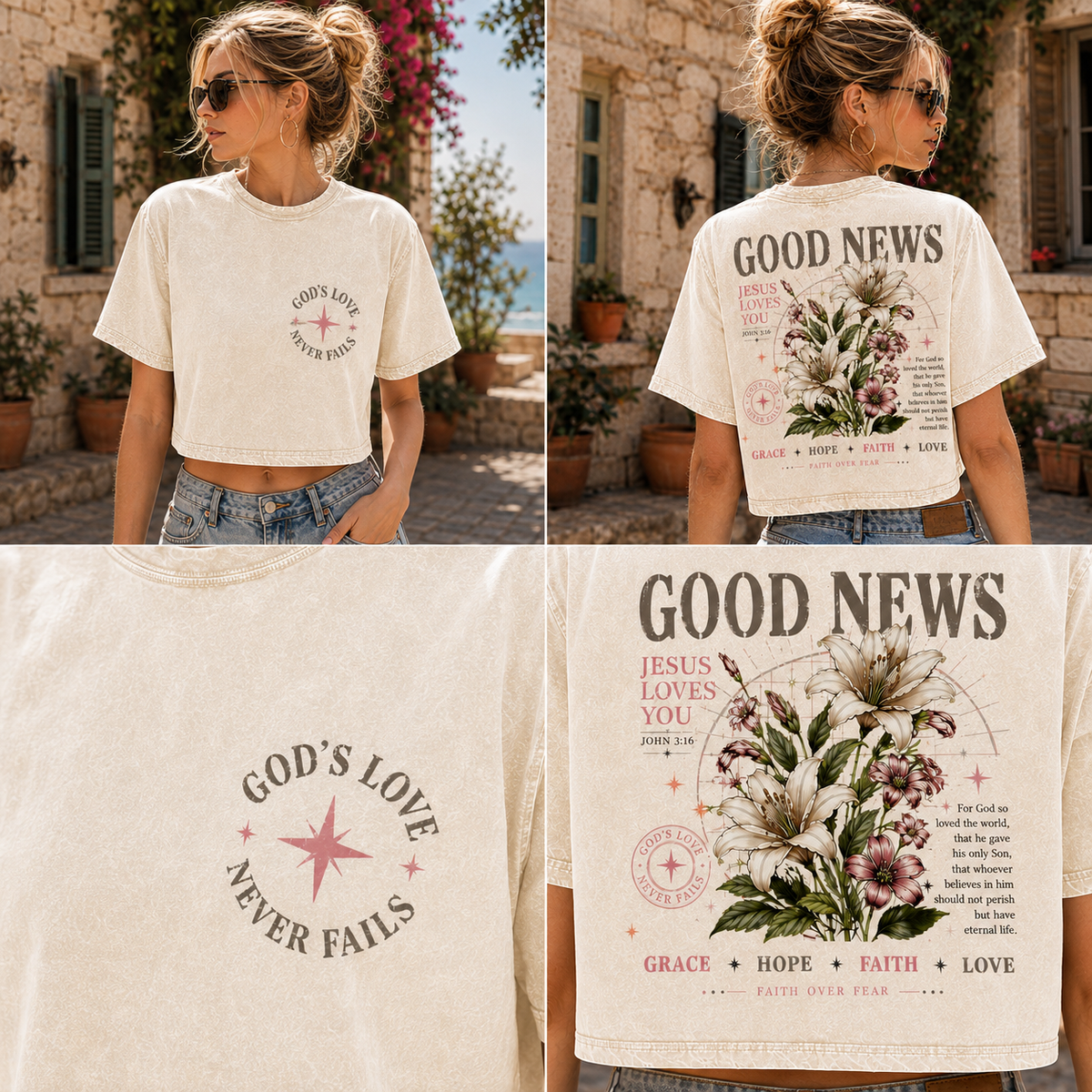Good News Faith Floral Crop Top – Vintage Christian Tee