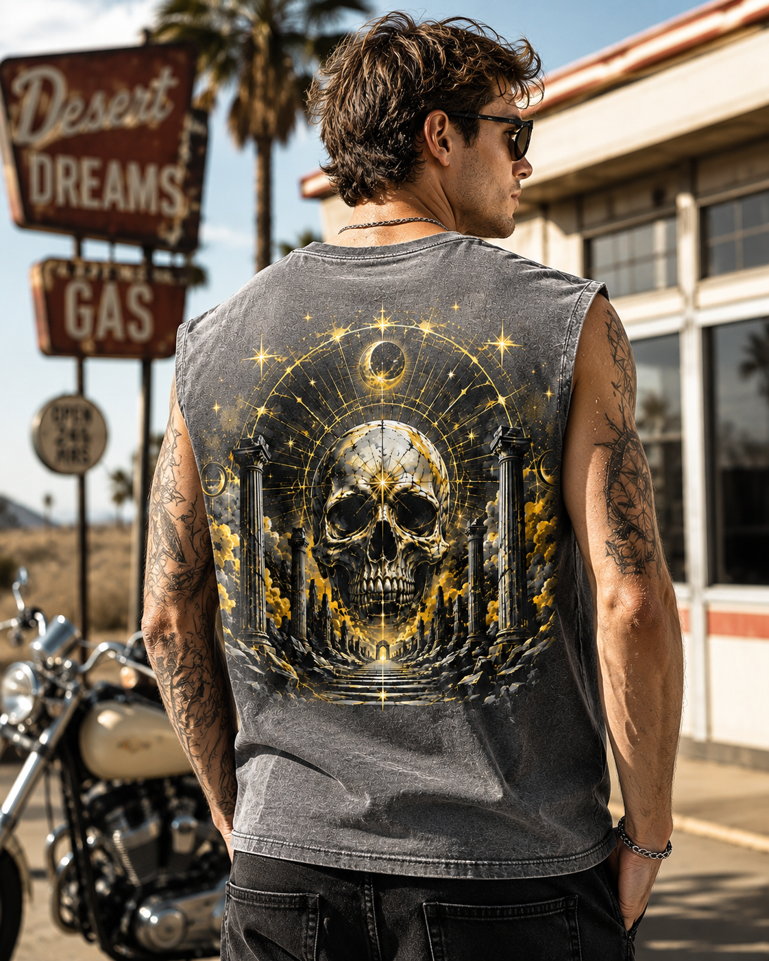 Celestial Skull Washed Black Tank Top