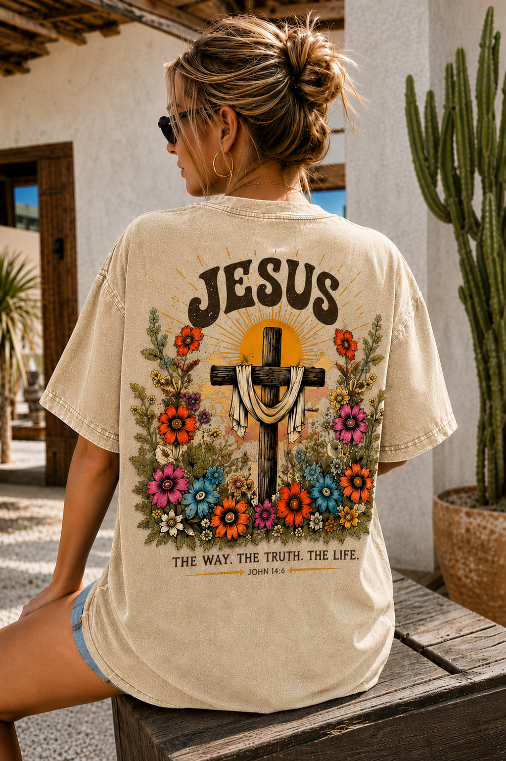 Jesus Cross Vintage Tee – Washed Black Floral Graphic