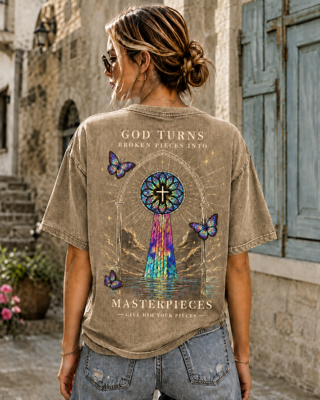 GOD TURNS Broken Pieces – Stained Glass Cross T-Shirt