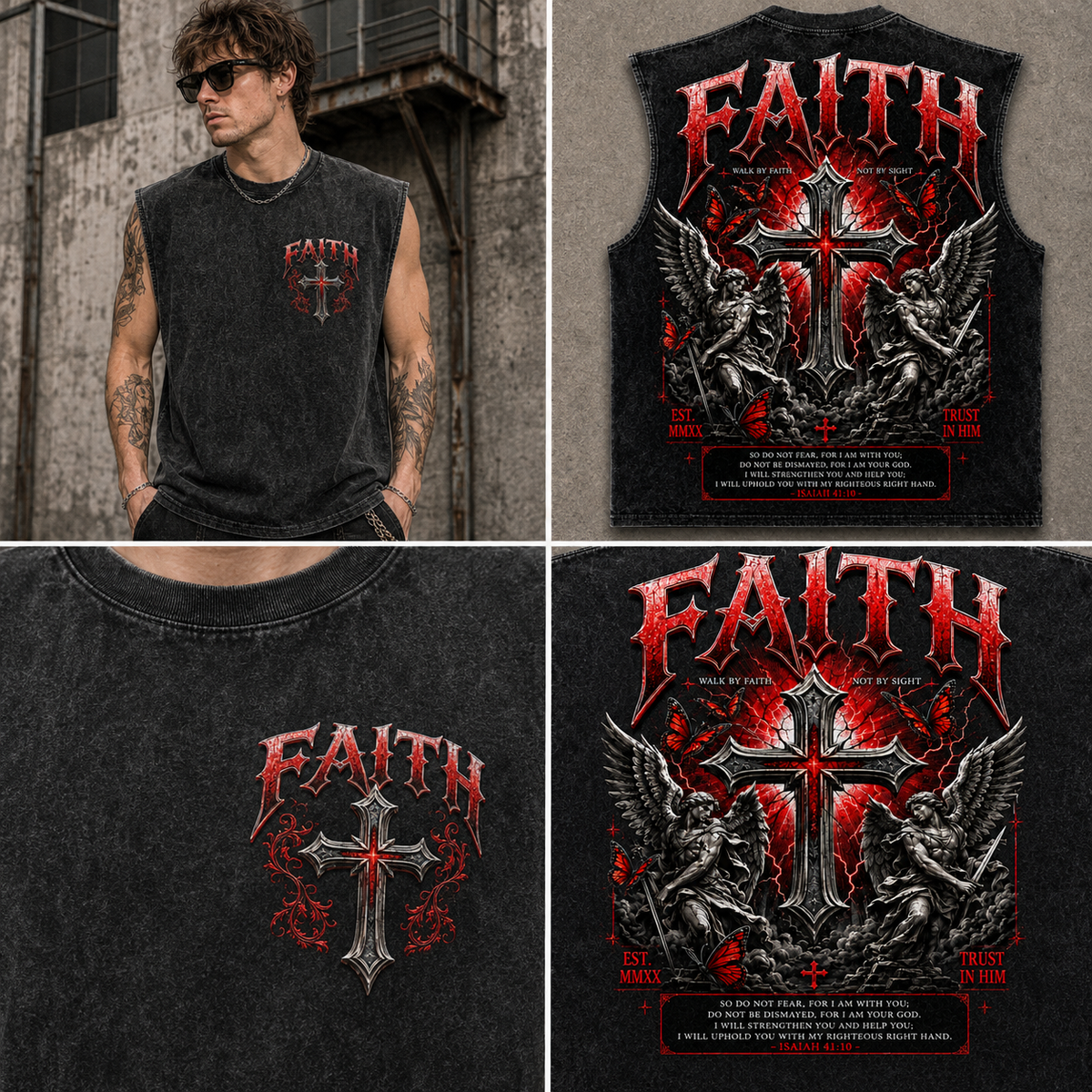 FAITH Washed Black Muscle Tee – Vintage Gothic Cross Graphic