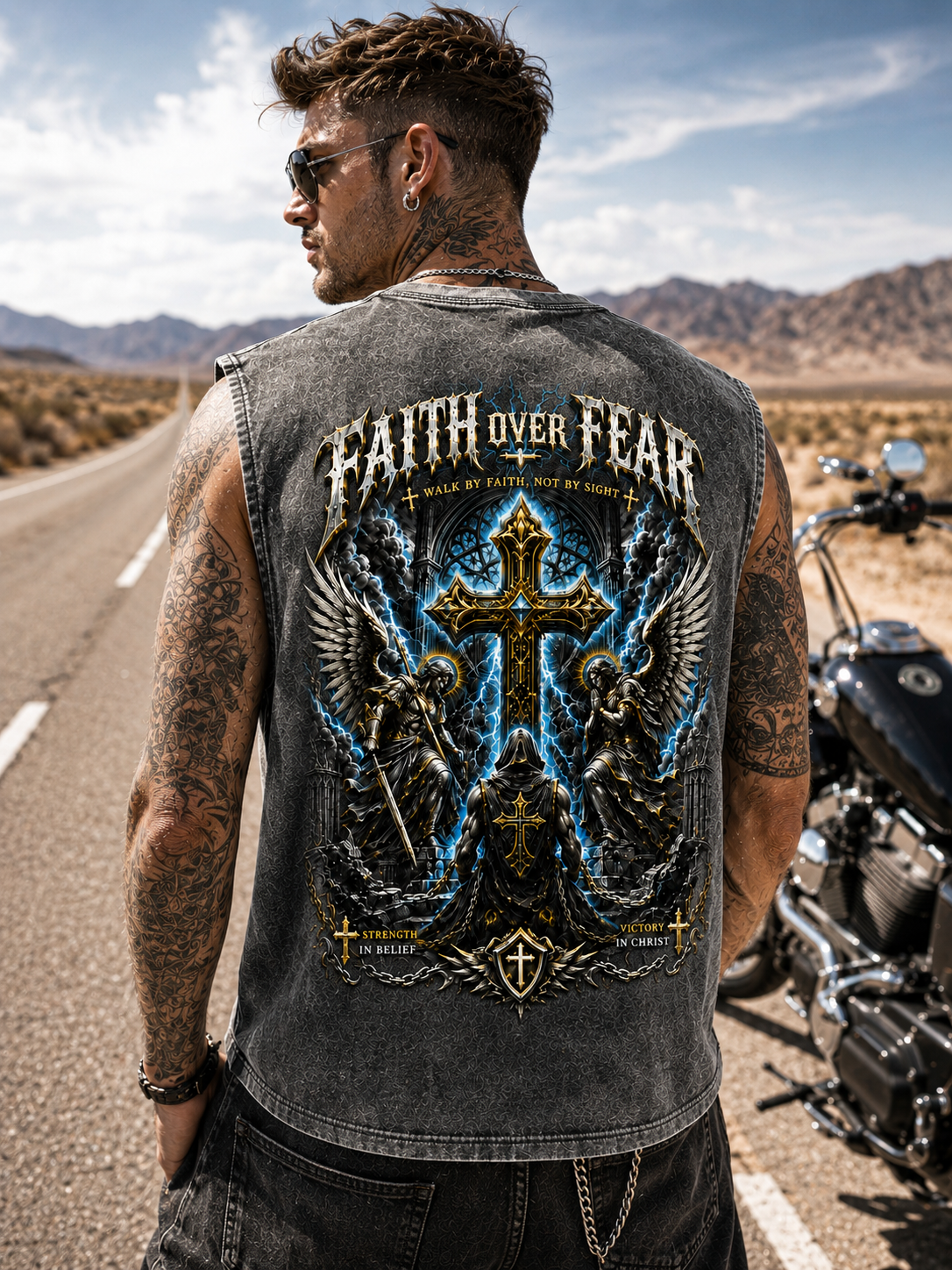 Faith Over Fear – Vintage Washed Blue Biker Tank