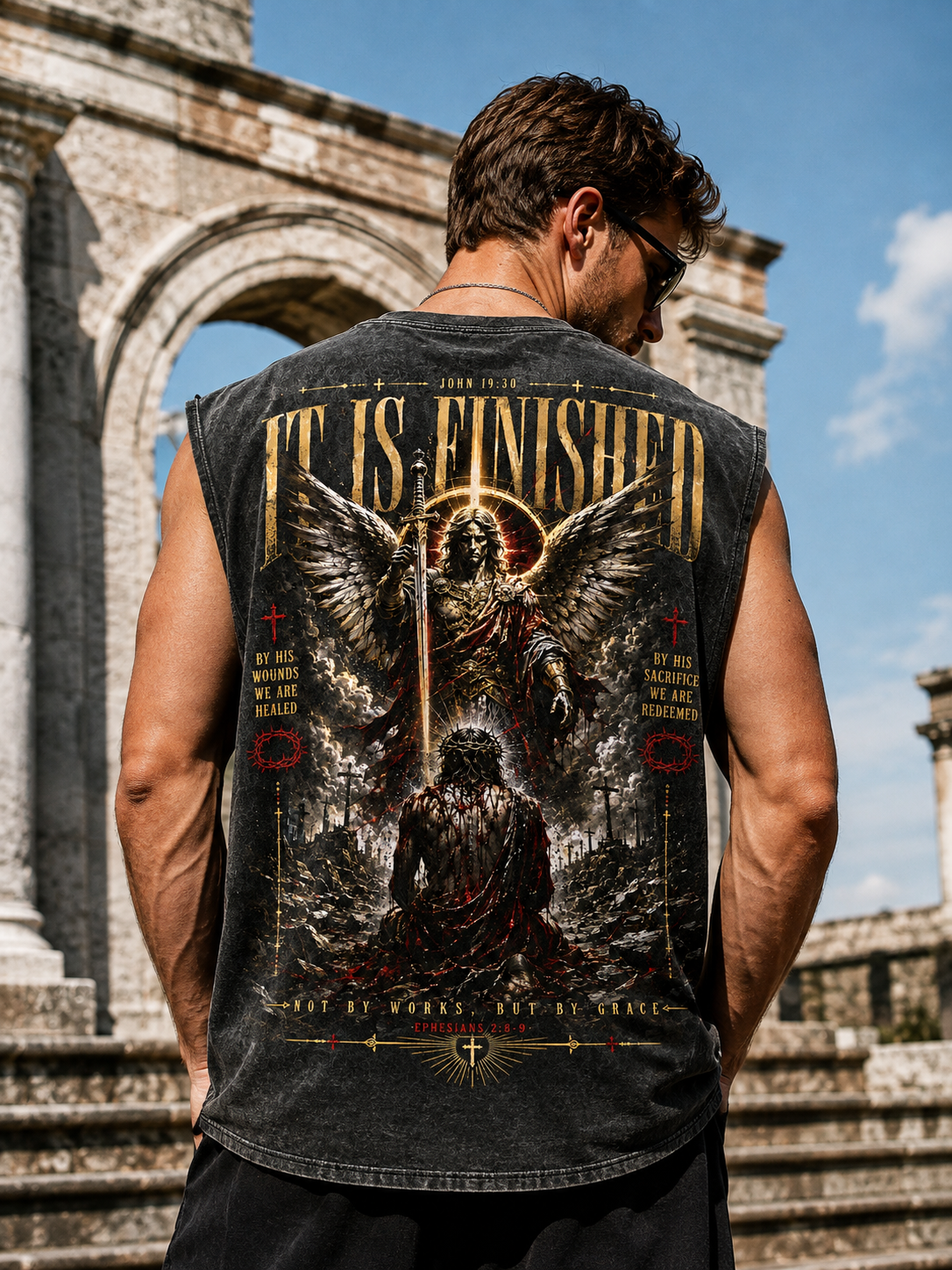IT IS FINISHED — Washed Black Graphic Muscle Tee
