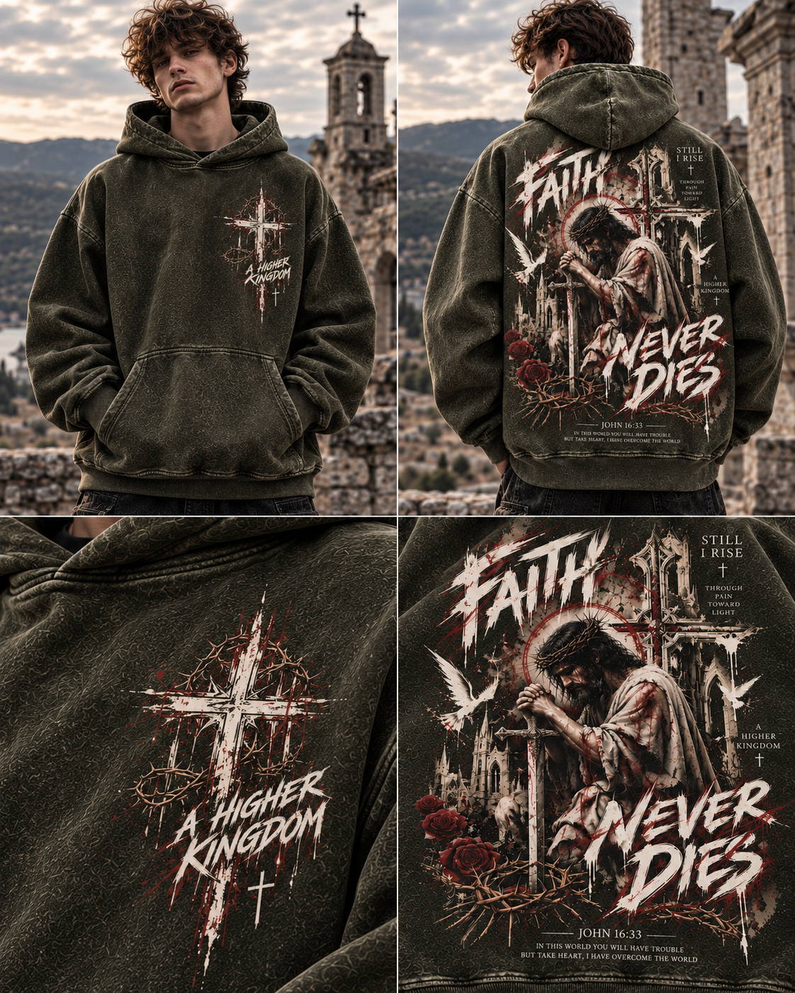 Faith Never Dies – Gothic Cross Washed Hoodie