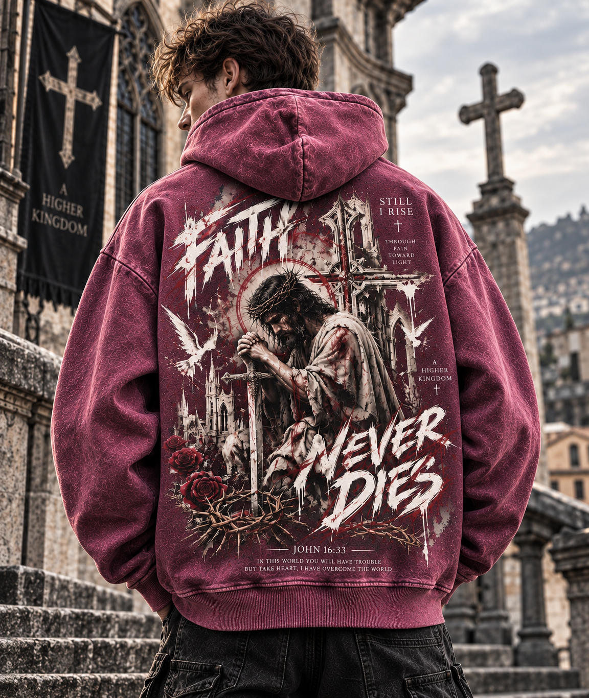 Faith Never Dies – Gothic Cross Washed Hoodie