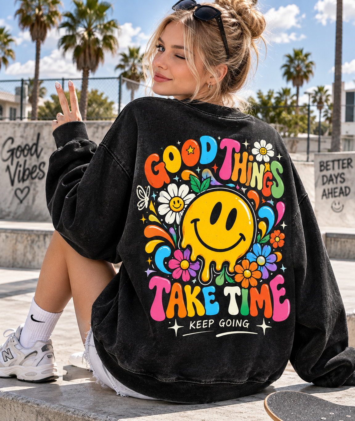Good Things Take Time – Vintage Smiley Sweatshirt