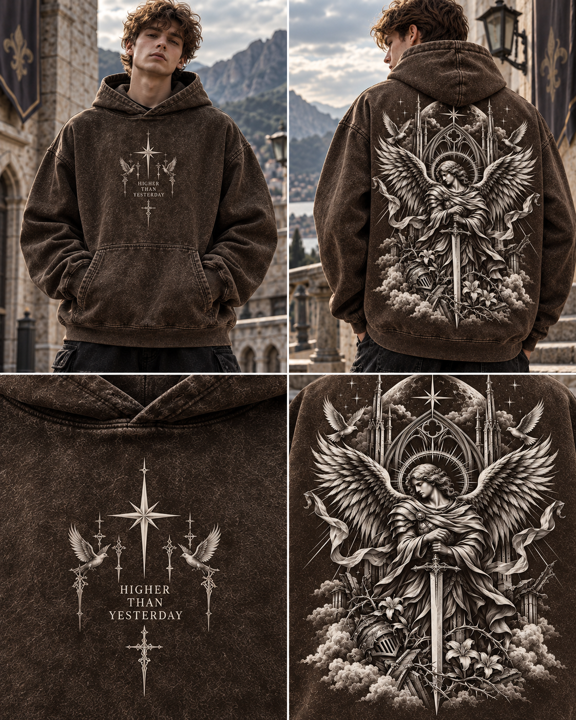 Angelic Guardian Vintage Hoodie – Gothic Wings & Sword