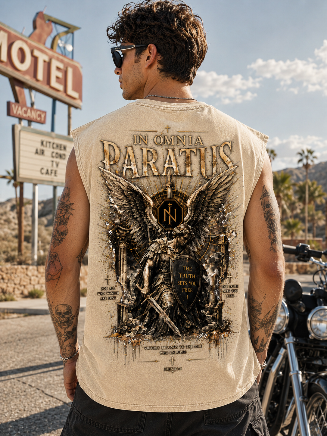 In Omnia Paratus – Vintage Winged Warrior Washed Black Tank Top