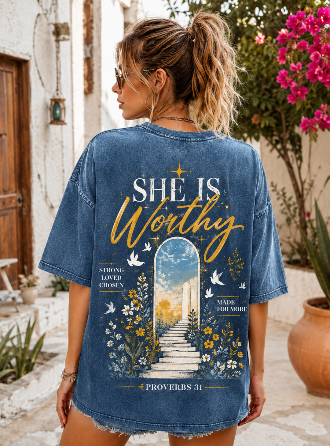 She Is Worthy Vintage Faith T-Shirt – Washed Black