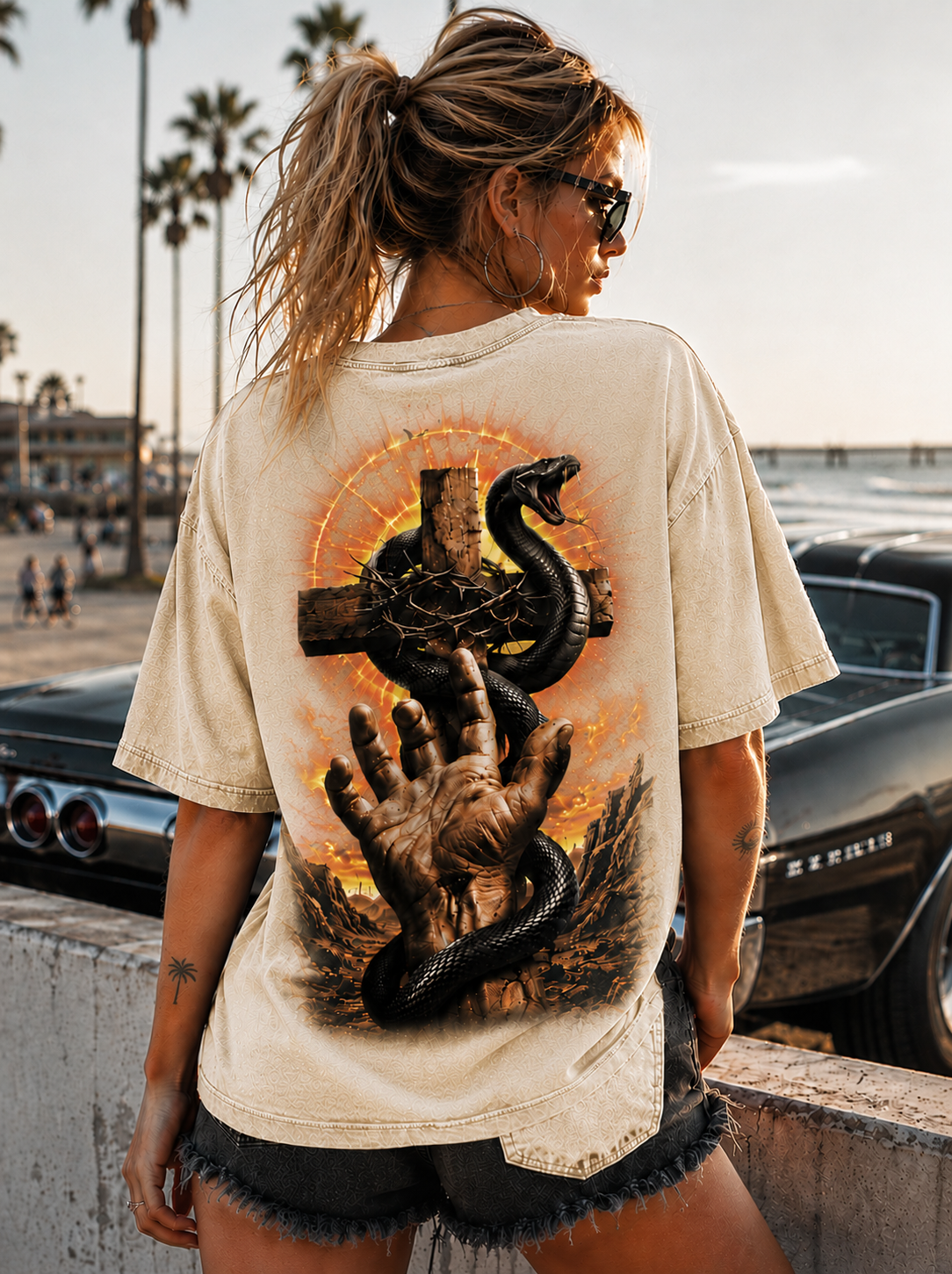 Vintage Snake Cross Graphic Tee – Washed Black