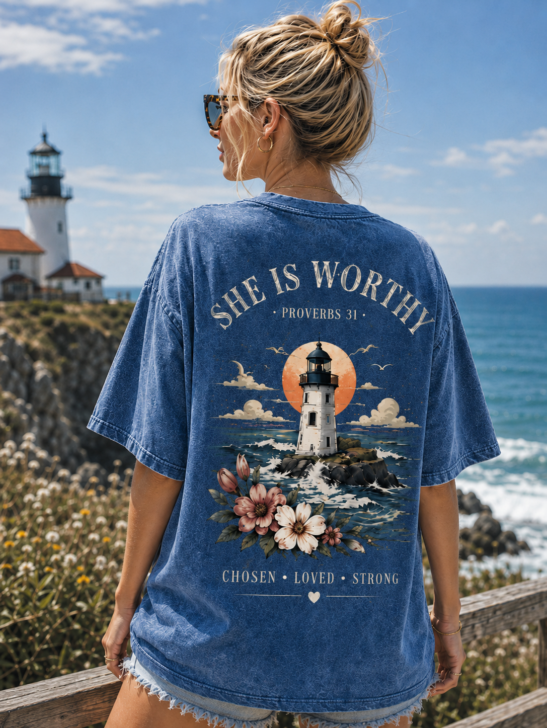 She Is Worthy Lighthouse T-Shirt – Vintage Christian Graphic Tee