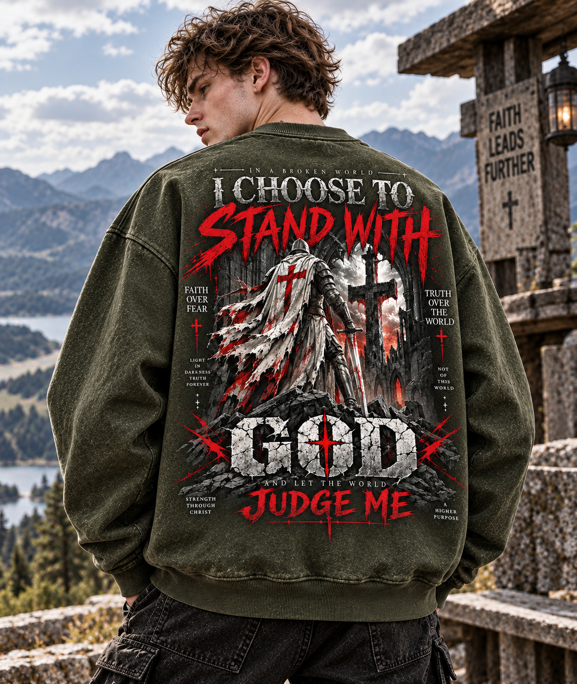 GOD Stand With Faith – Vintage Gothic Wash Sweatshirt