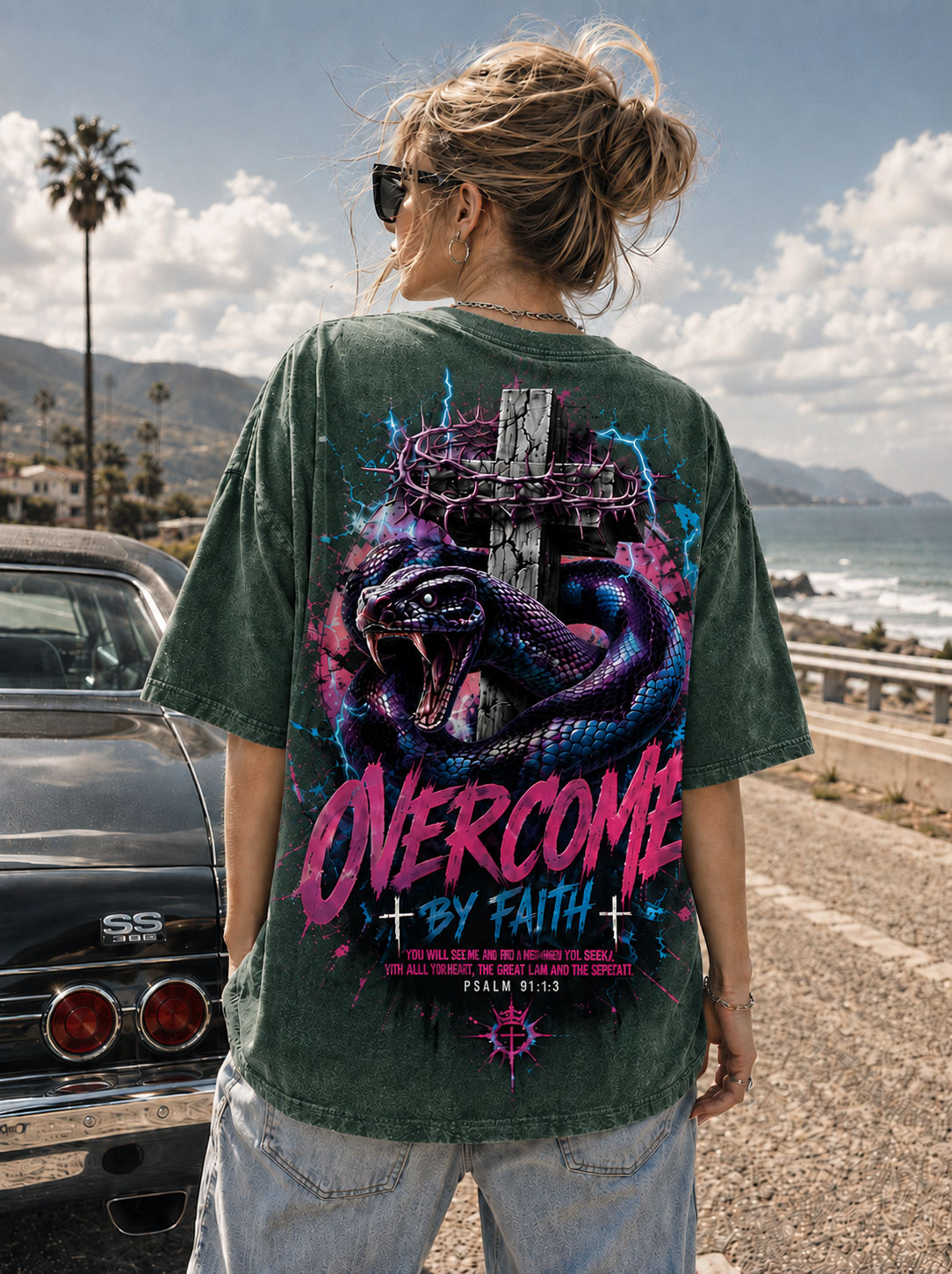 OVERCOME BY FAITH – Vintage Washed Black Christian Graphic Tee