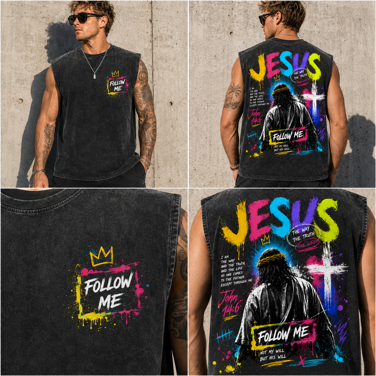 Jesus Follow Me Washed Black Tank Top