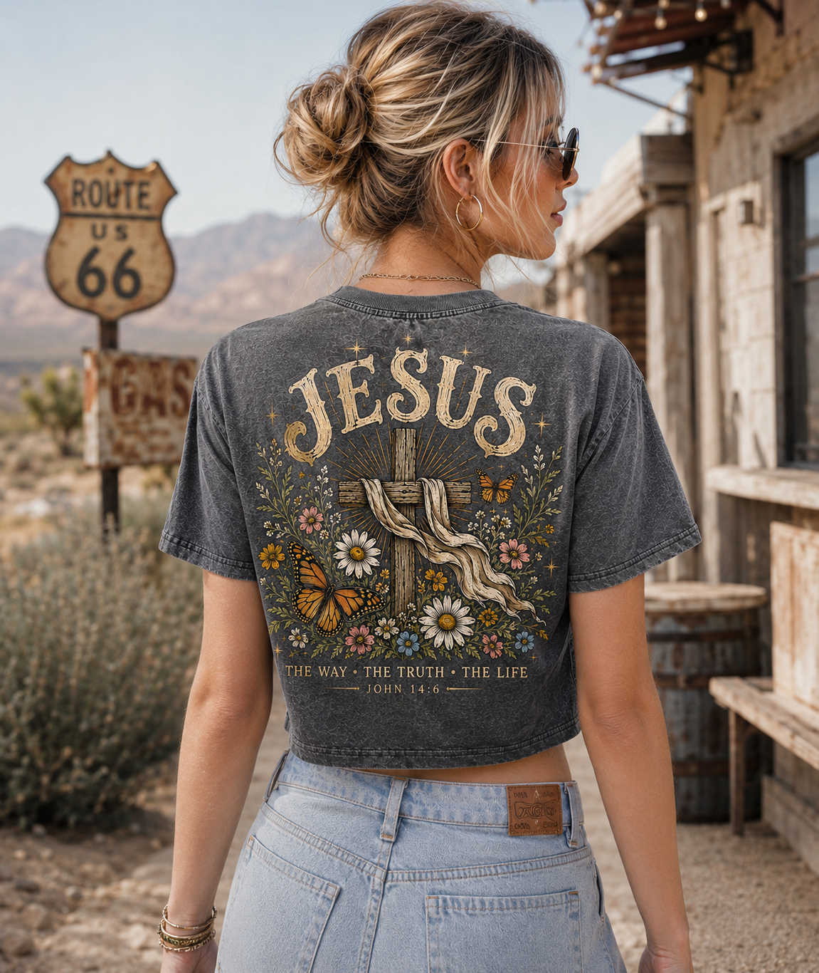 Vintage Jesus Cross Crop Top – Faith Graphic Tee