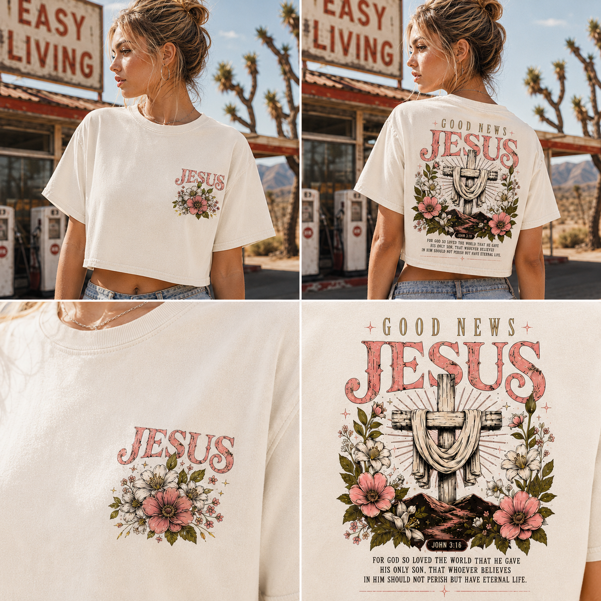 Vintage Jesus Floral Crop Top – Good News Graphic