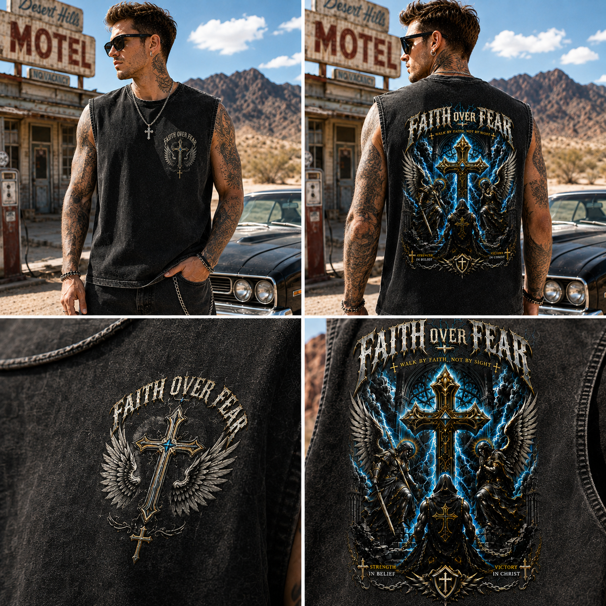 Faith Over Fear – Vintage Washed Blue Biker Tank