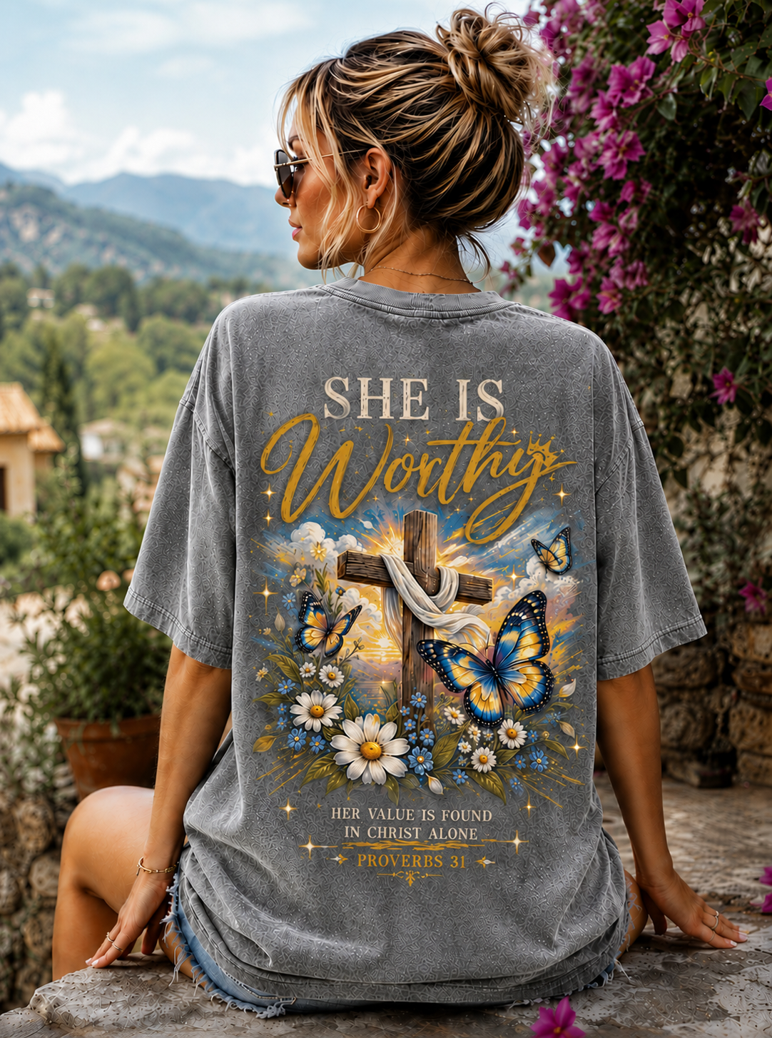 She Is Worthy Christian T-Shirt – Vintage Cross & Butterfly Graphic Tee