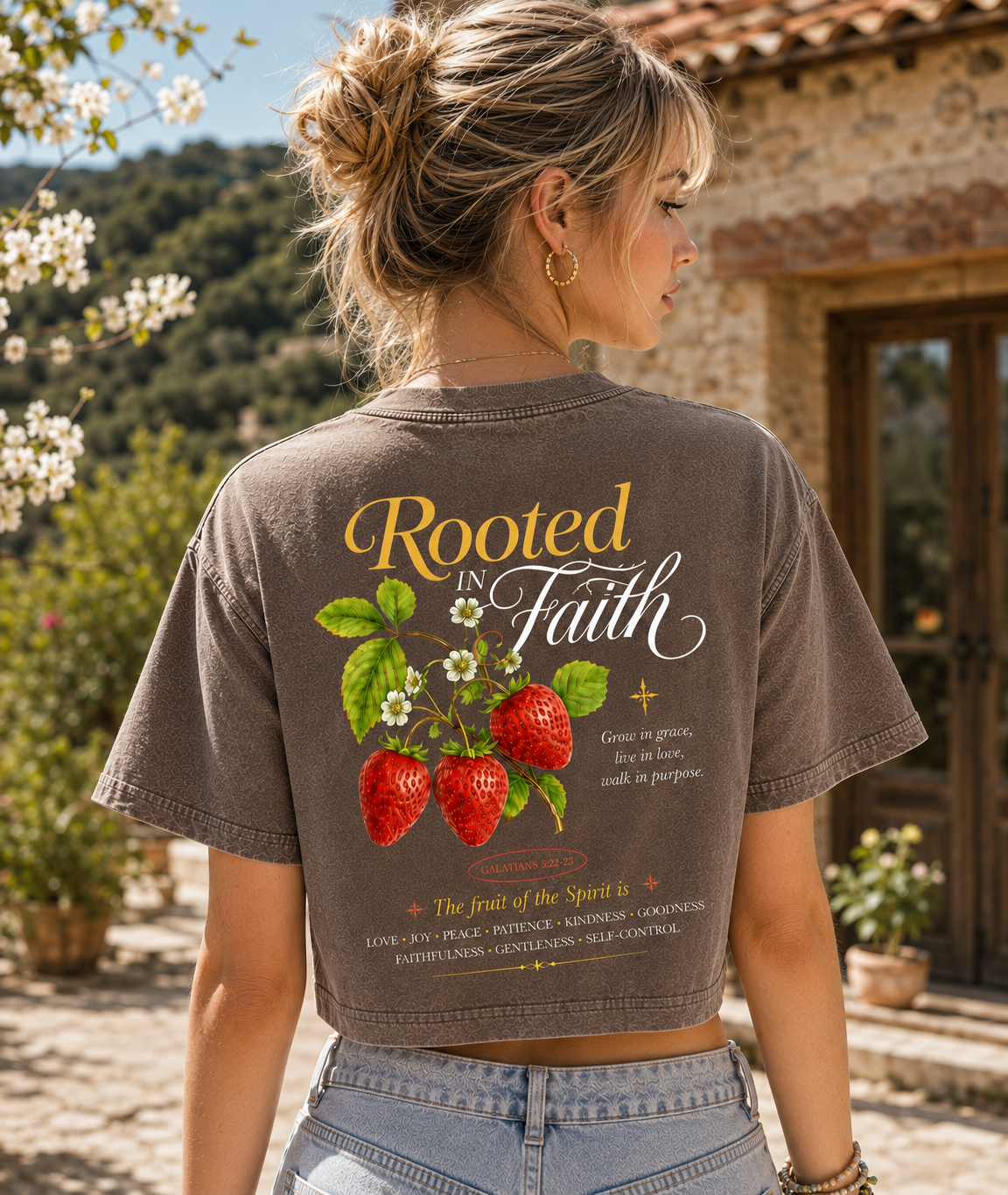 Rooted in Faith Strawberry Crop Top – Vintage Christian Tee