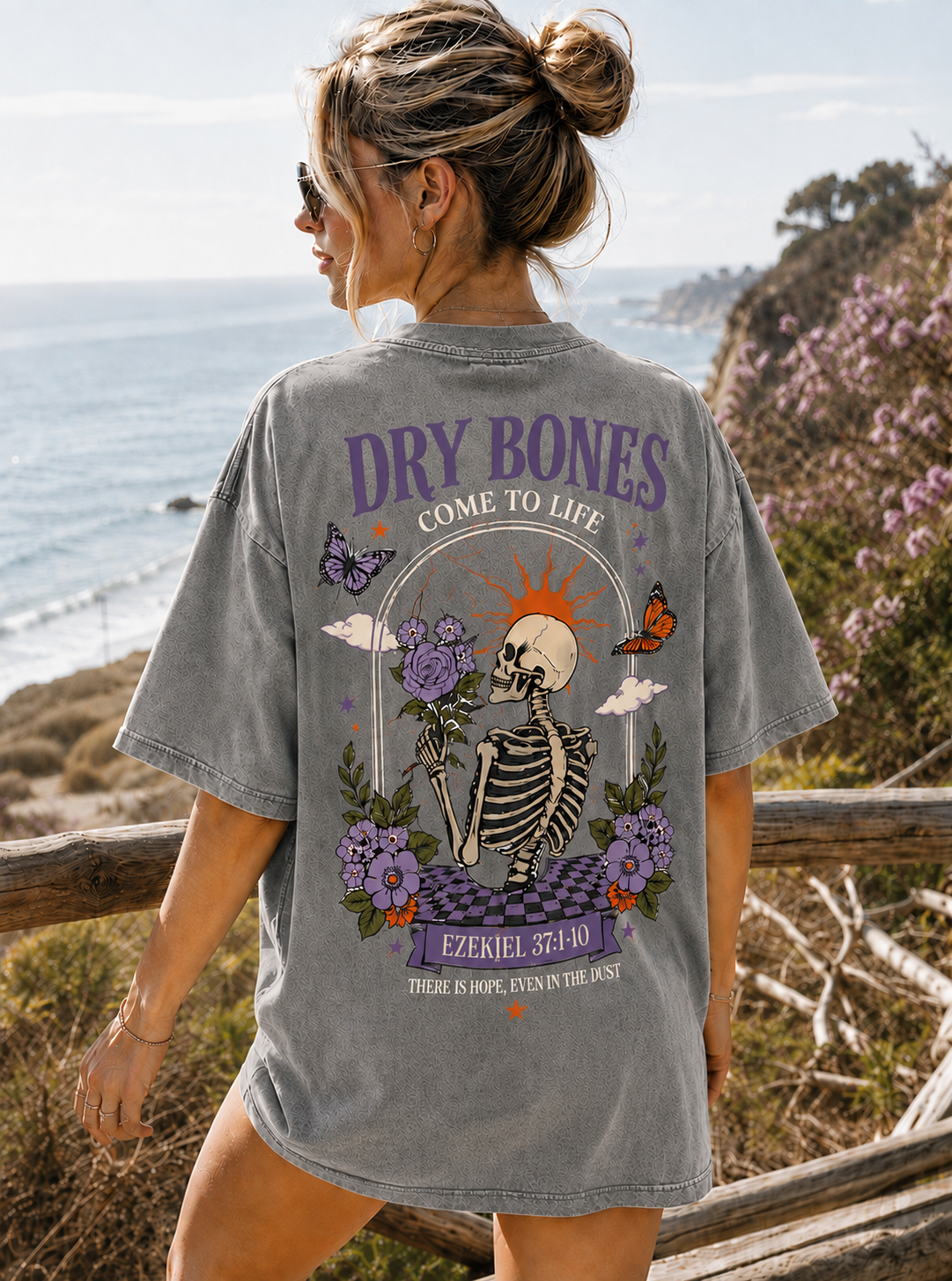Vintage Dry Bones Graphic Tee – Washed Black Oversized T-Shirt