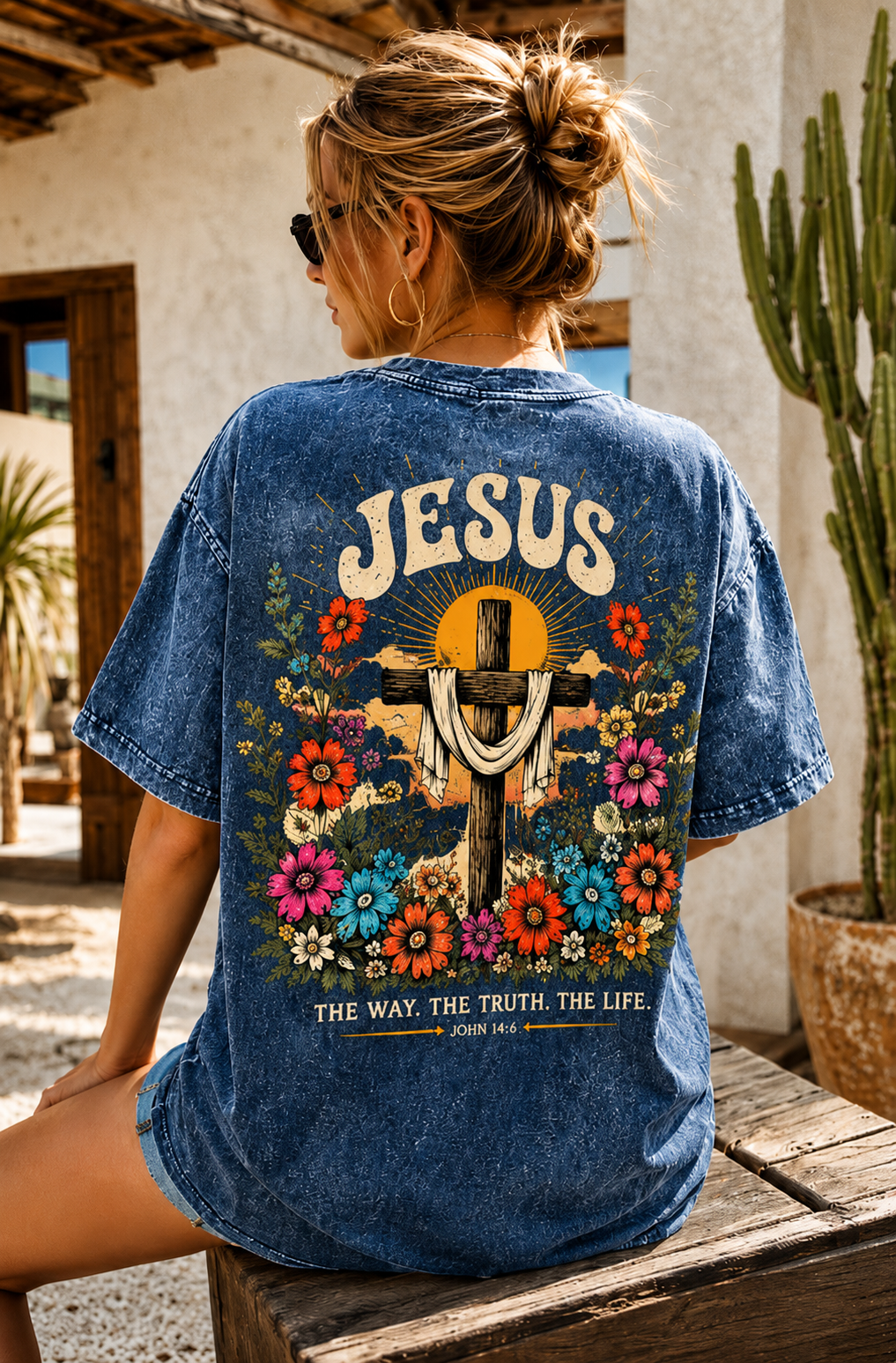 Jesus Cross Vintage Tee – Washed Black Floral Graphic