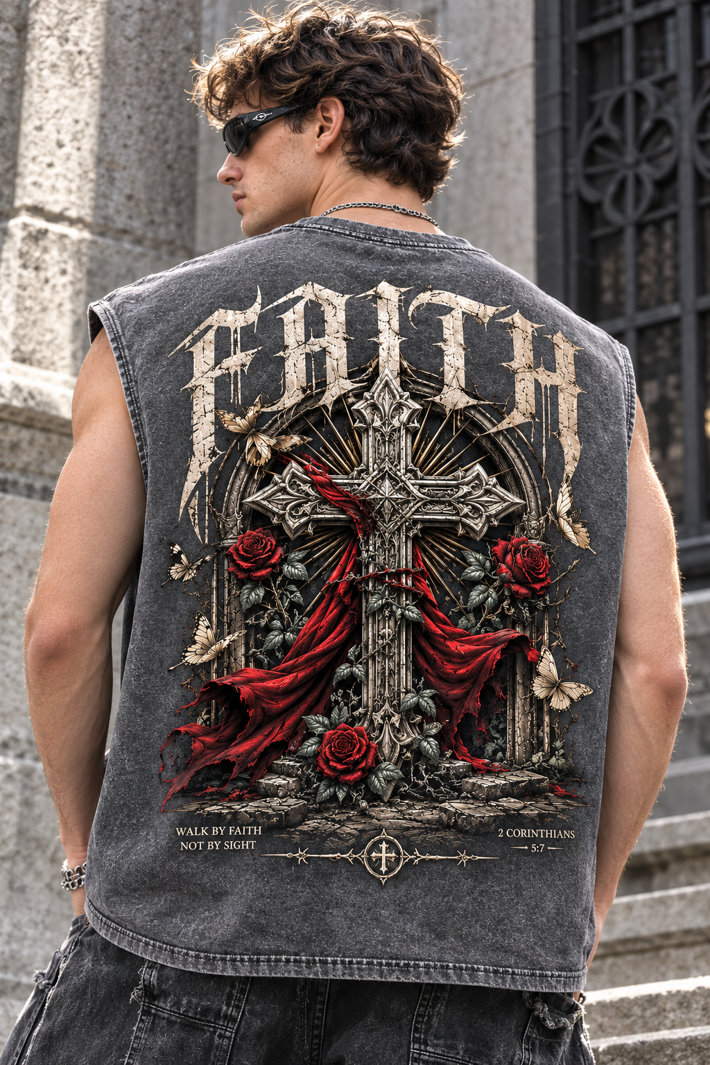 Washed Black Faith Cross Muscle Tee – Vintage Gothic Streetwear