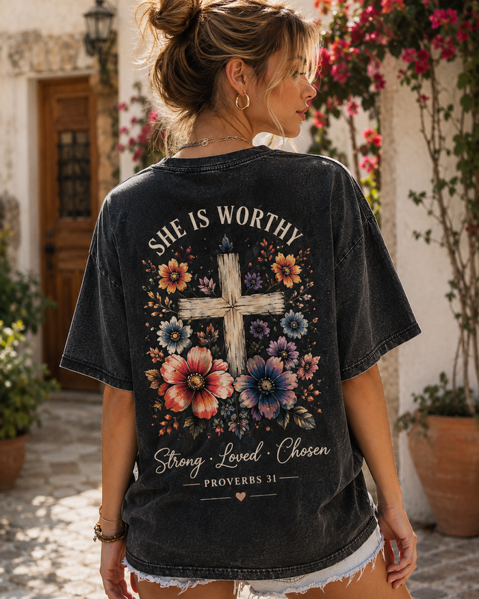She Is Worthy – Vintage Floral Cross Tee