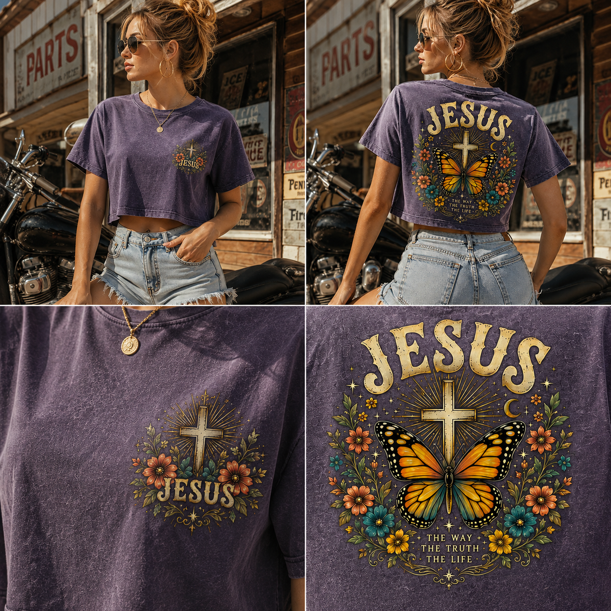 JESUS Butterfly Vintage Crop Top – Washed Black