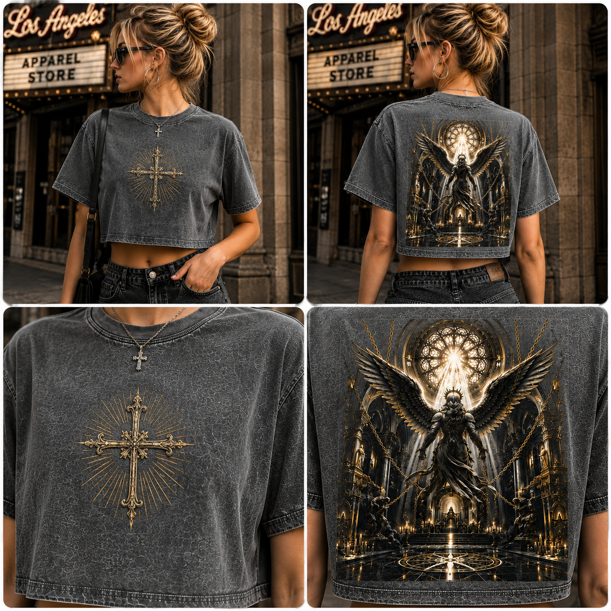 Gothic Angel Cross Washed Crop Tee
