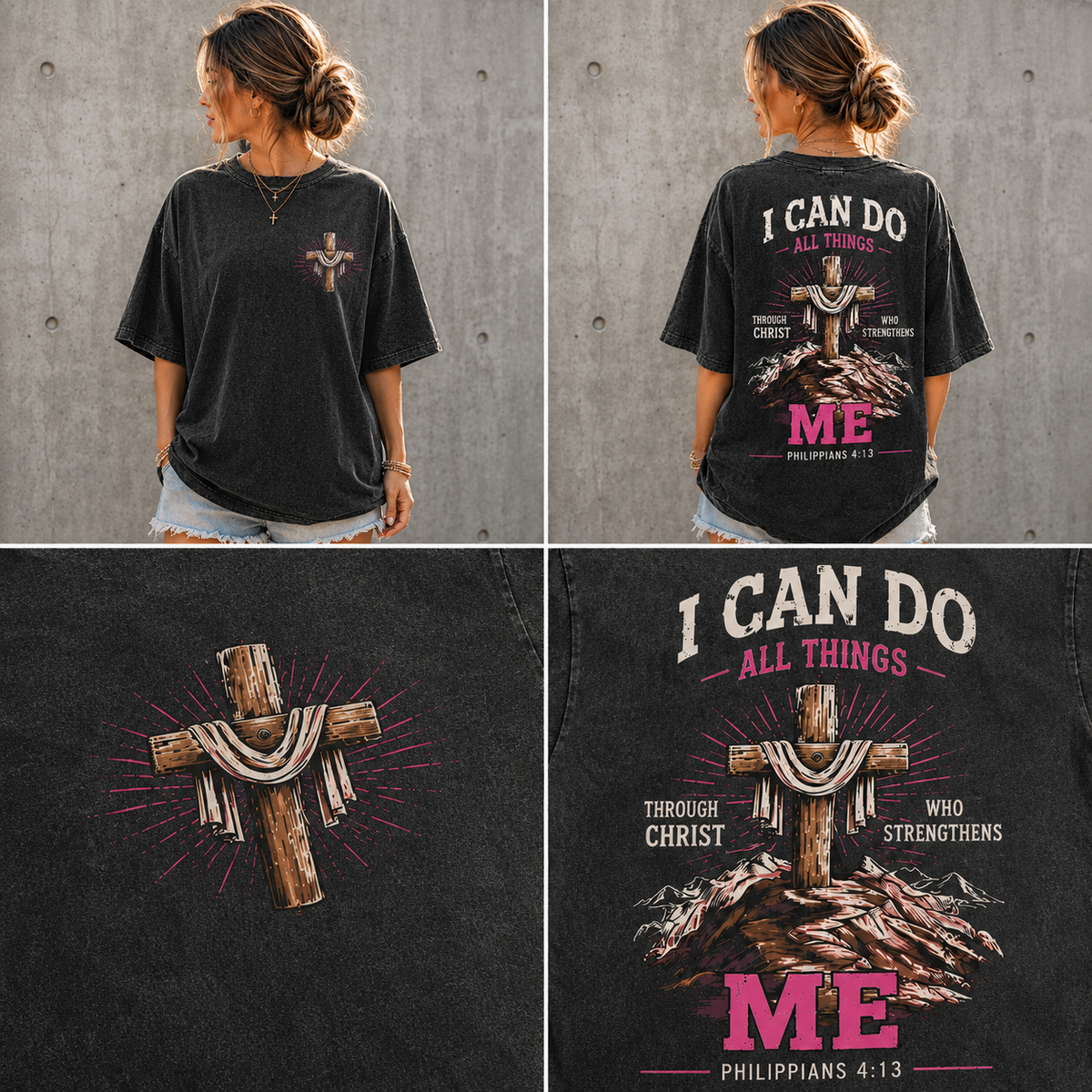 Christian Strength Vintage Tee – Washed Black Graphic T-Shirt