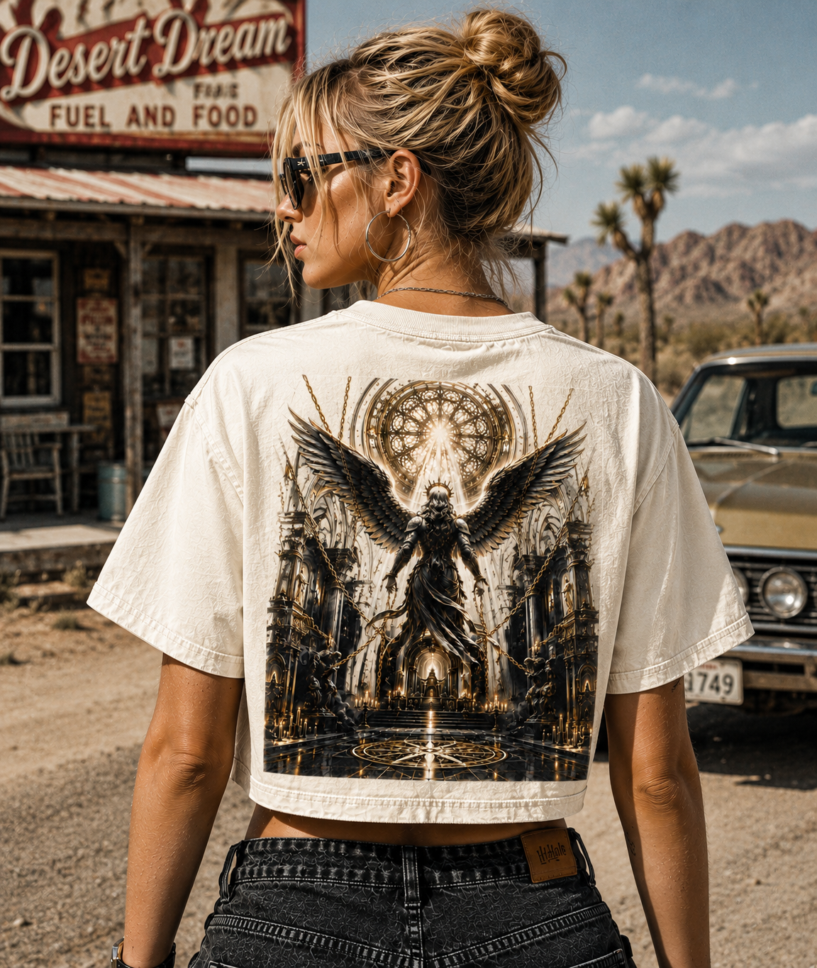 Gothic Angel Cross Washed Crop Tee
