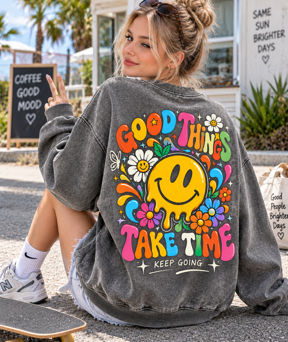 Good Things Take Time – Vintage Smiley Sweatshirt