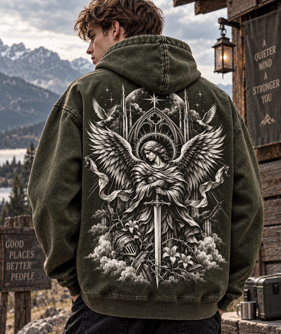 Angelic Guardian Vintage Hoodie – Gothic Wings & Sword
