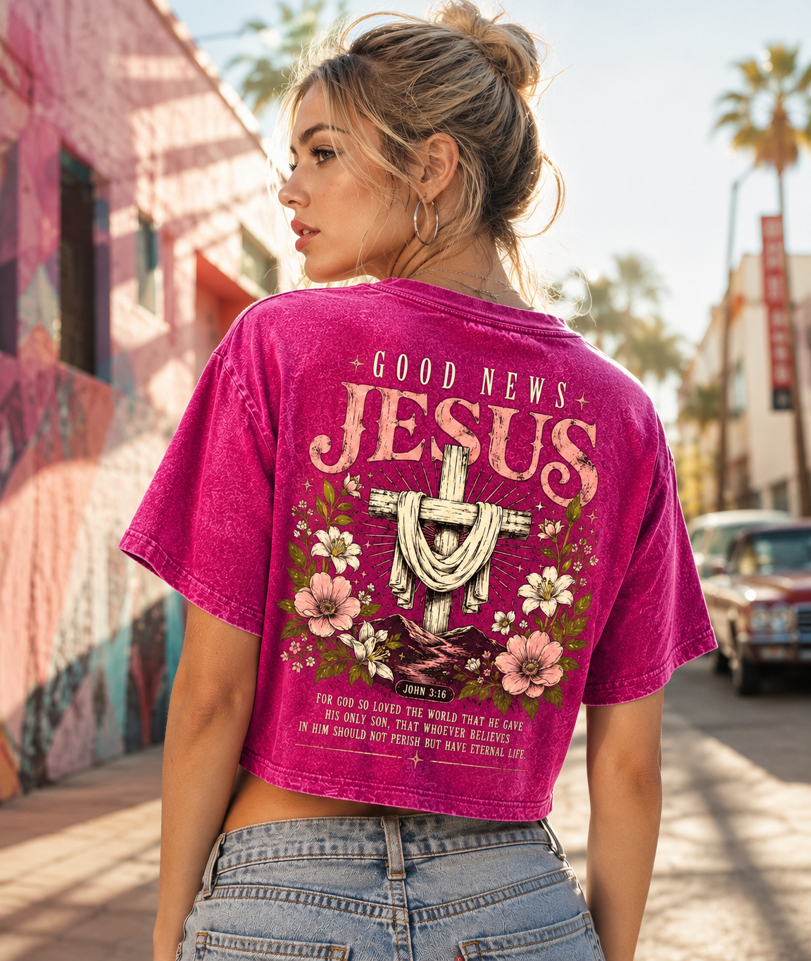 Vintage Jesus Floral Crop Top – Good News Graphic