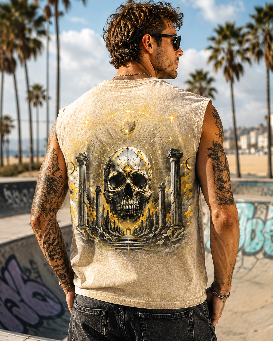 Celestial Skull Washed Black Tank Top