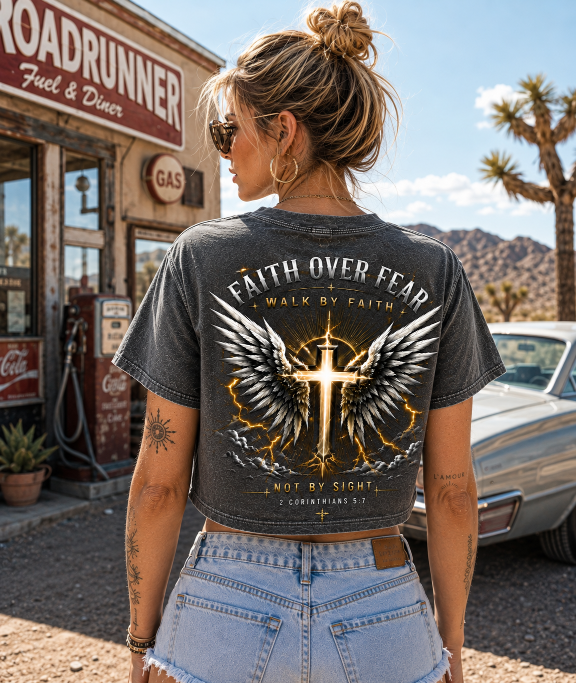 Faith Over Fear – Winged Cross Vintage Crop Tee