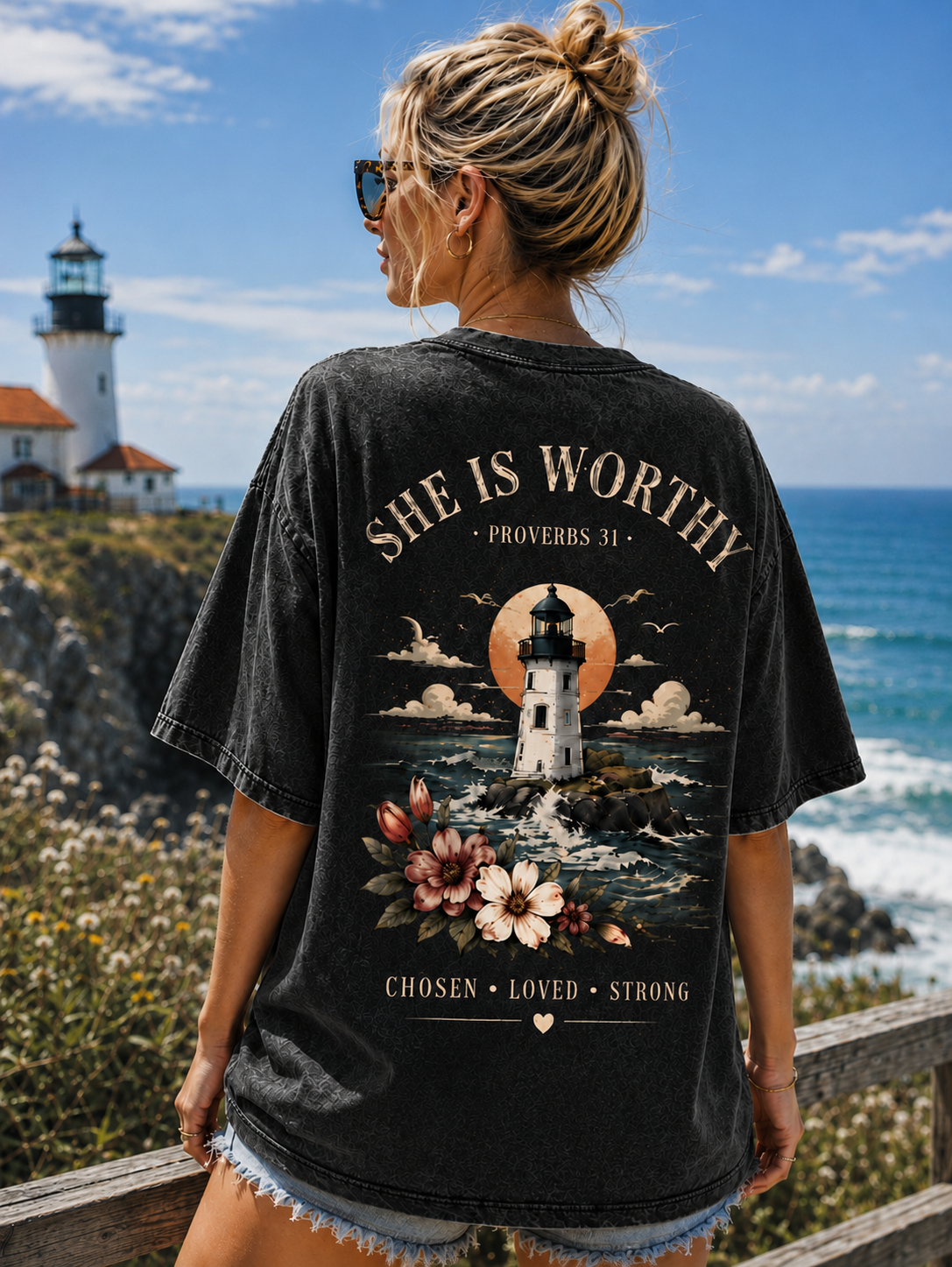 She Is Worthy Lighthouse T-Shirt – Vintage Christian Graphic Tee