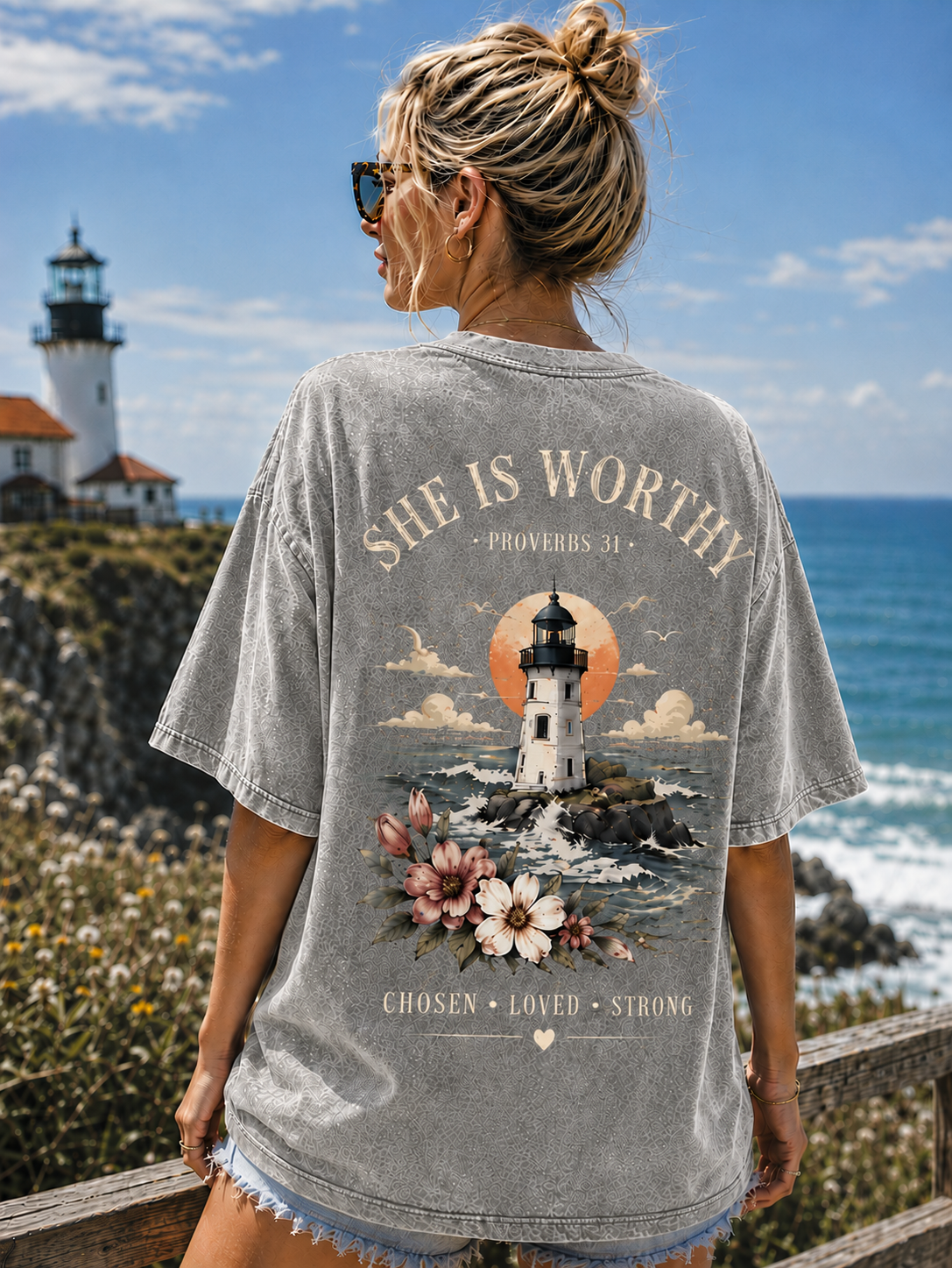 She Is Worthy Lighthouse T-Shirt – Vintage Christian Graphic Tee