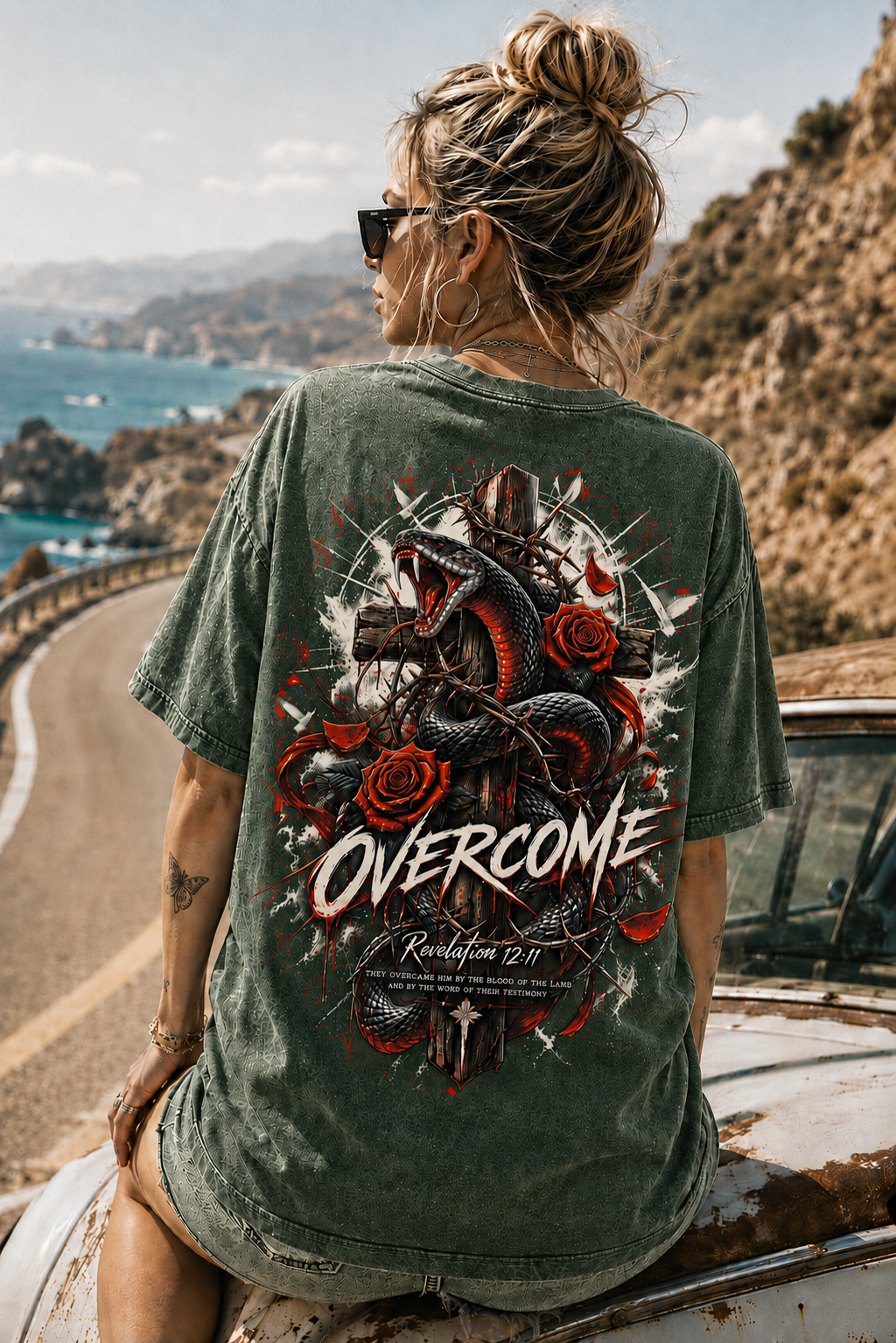 OVERCOME Snake Cross Graphic Tee – Vintage Washed T-Shirt