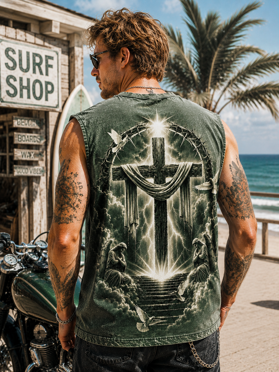 Washed Black Angel Cross – Vintage Faith Muscle Tee
