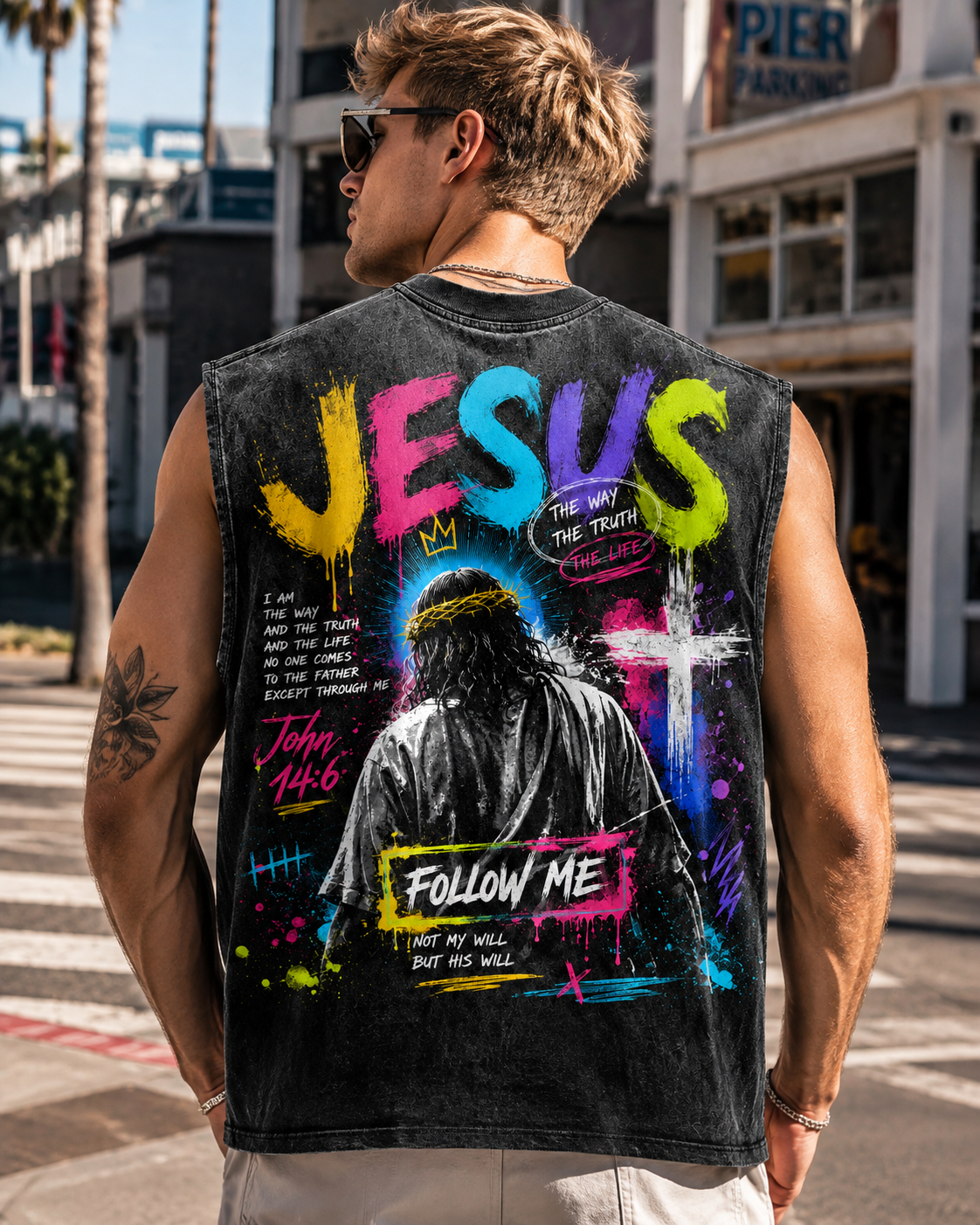 Jesus Follow Me Washed Black Tank Top